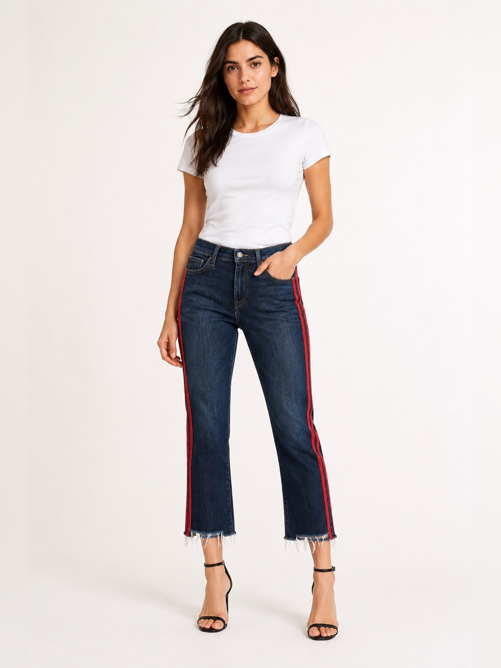 MOTHER Women's 24 Insider Crop Step Fray Jeans Blue Speed Racer Red Side Stripe